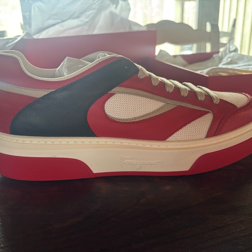 ferragamo red white and blue sneakers